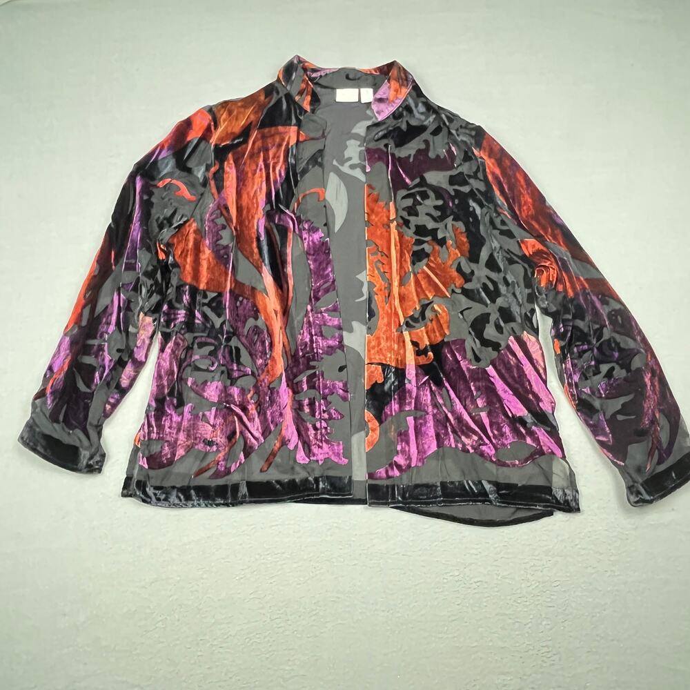 Chicos Devore Burnout Velvet Jacket Cardigan Orange Purple Kimono Women's 3 (XL)